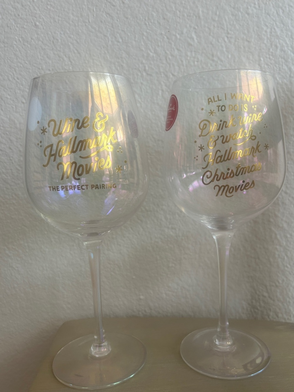 Hallmark Christmas Movie Wine Glasses Iridescent with Gold Script (Set of 2)